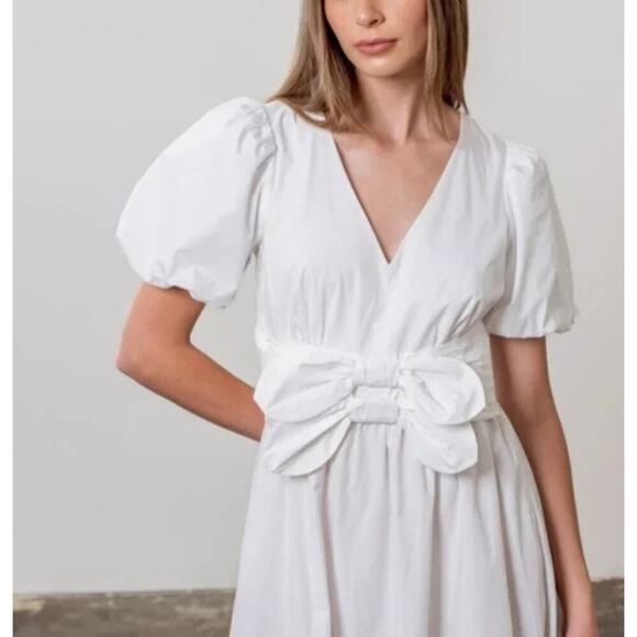 NWT Moon River White Poplin Bow Puff-Sleeve Dress Size Large - Picture 2 of 8